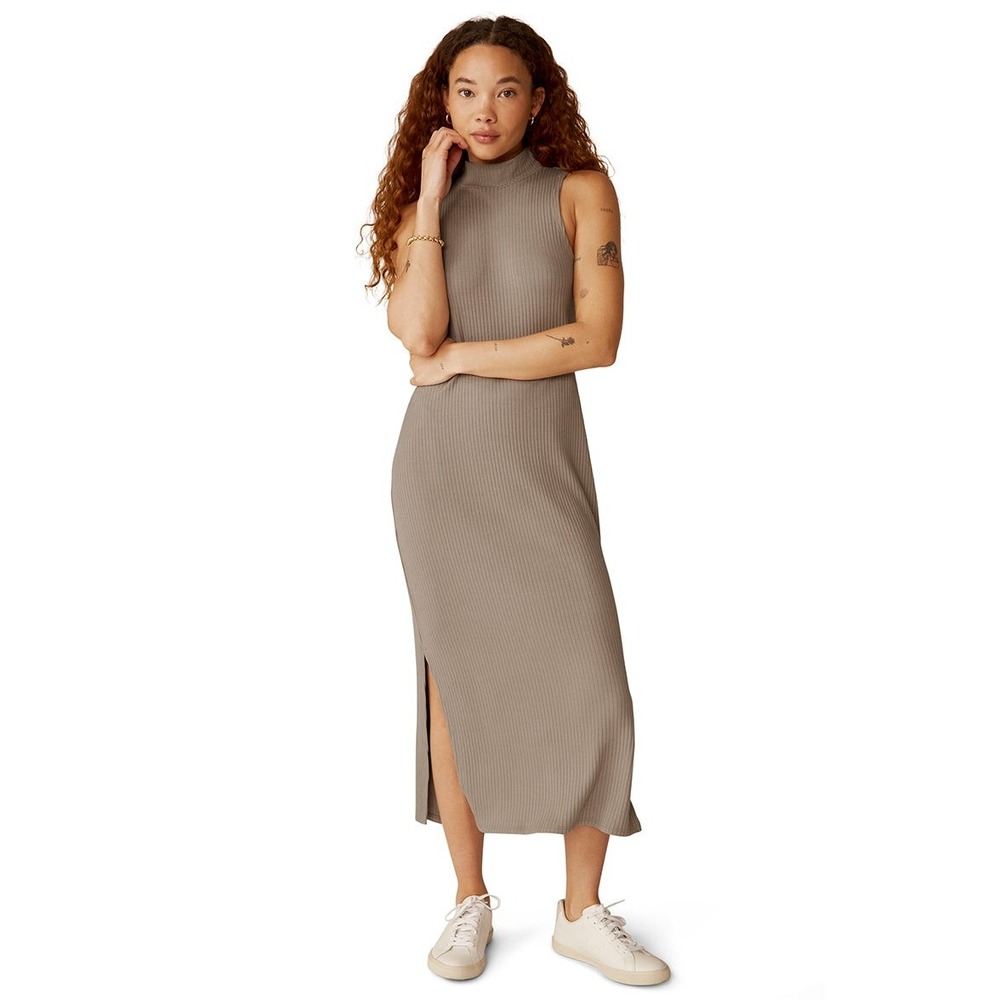 Beyond‎ Yoga Womens Ribbed Mock Neck Sleeveless Midi Dress Taupe Brown Large